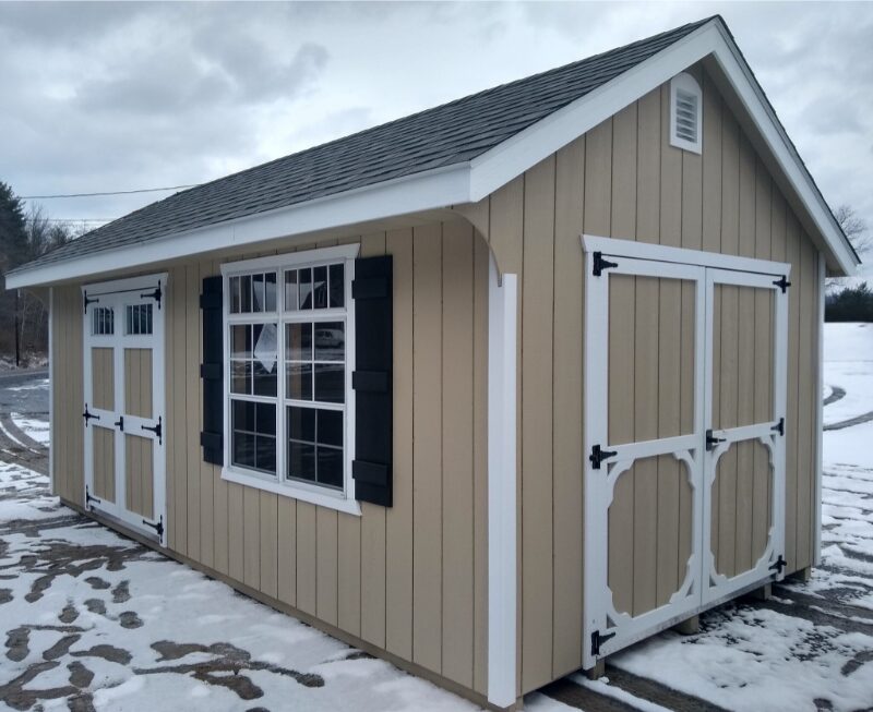 Amish-built shed during the cold winter months surrounded by snow