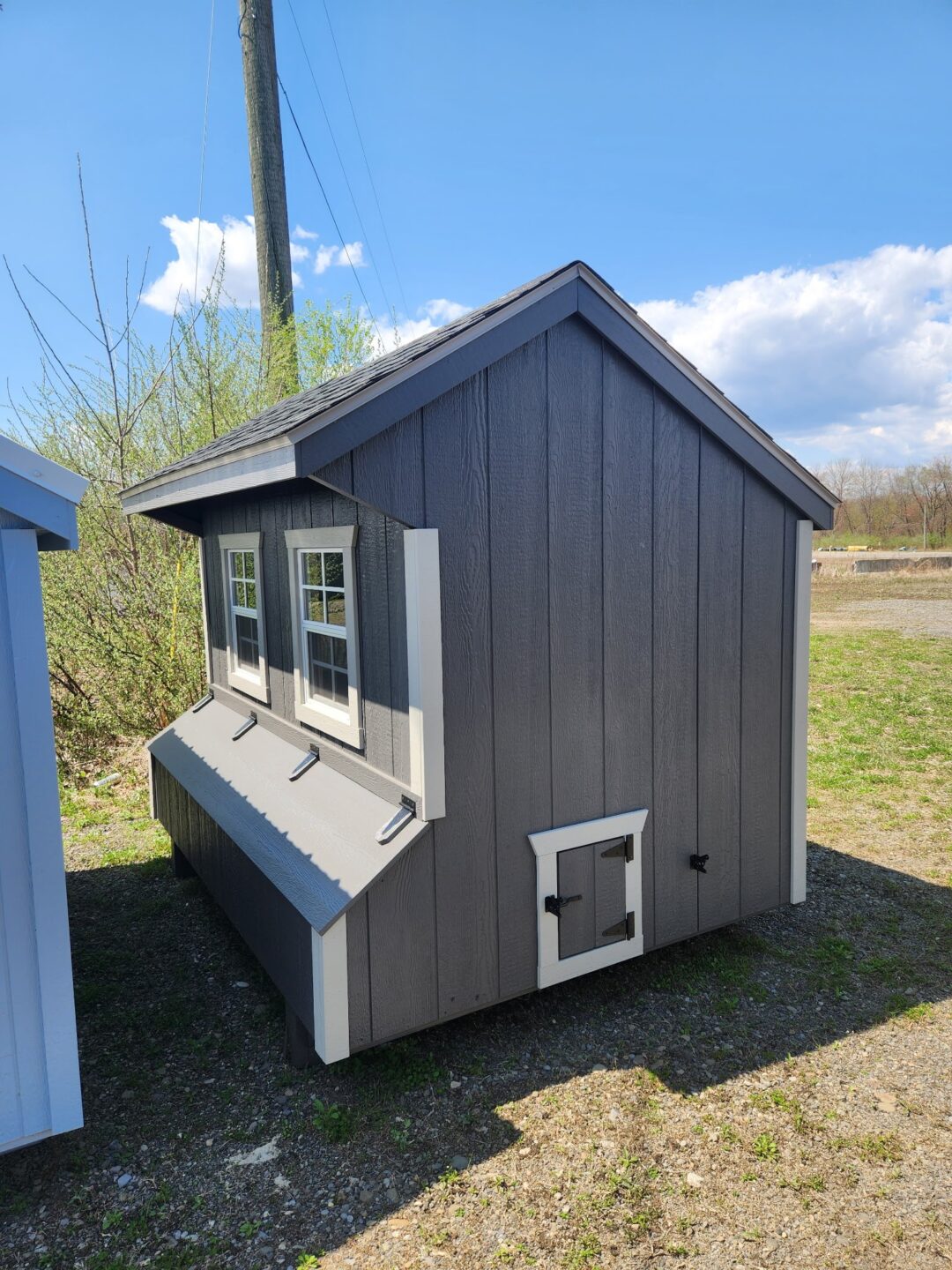 Small dark gray coop with side door, nesting boxes and two windows