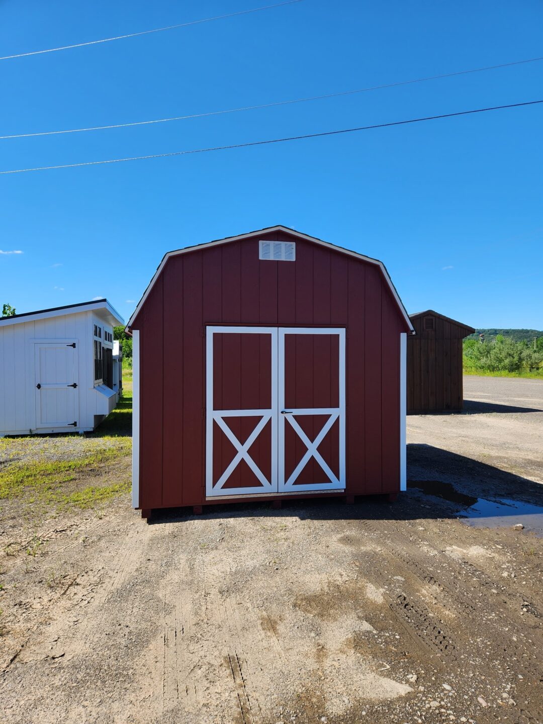 Barn style shed with double doors, windows and shingled roof